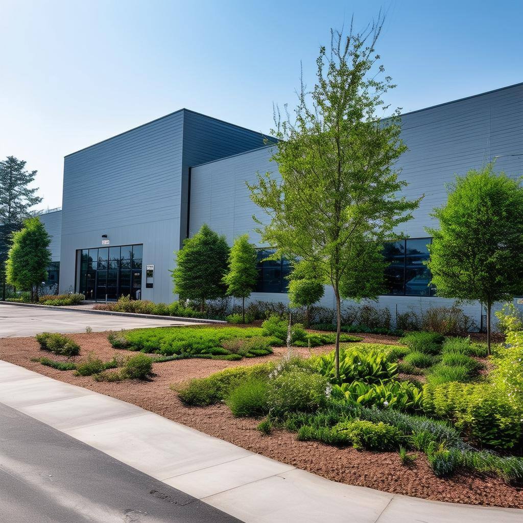 exterior of warehouse with nice landscaping